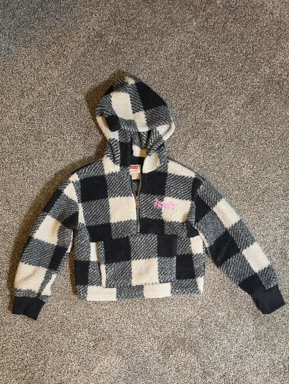 Levi's Black & White Buffalo Plaid Sherpa Half-Zip Hoodie with Pink Logo